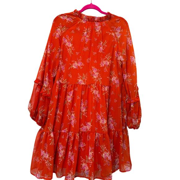 Vince Camuto Dress Sheer Long Sleeve V-Neck babydoll Dress Ruffle Hem Size M - Picture 2 of 6